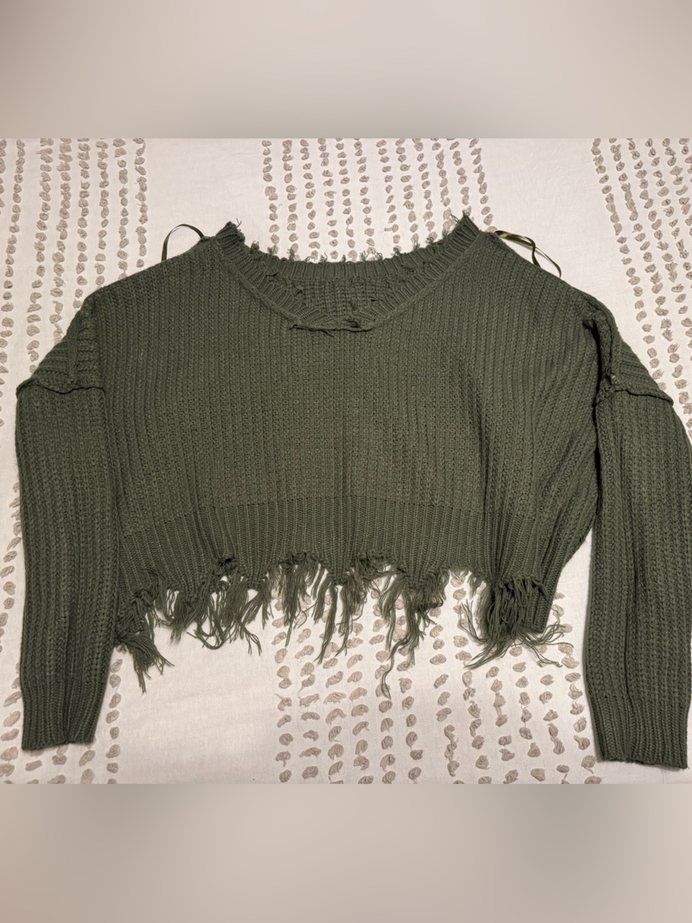 J. Crew Olive Green Distressed Fringed Crewneck Sweater